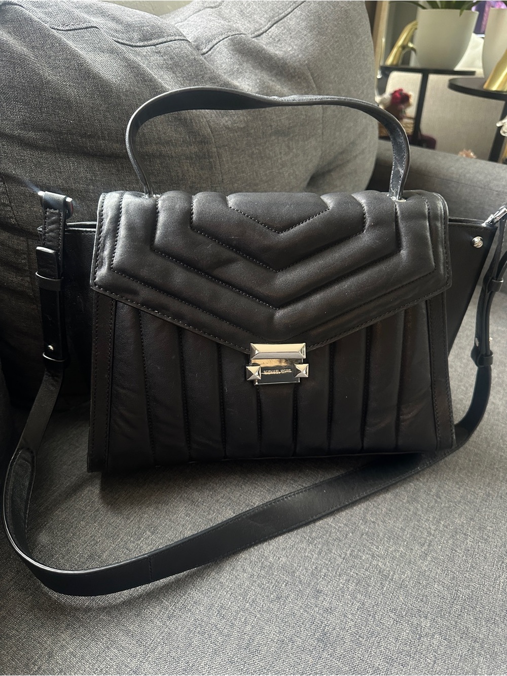 Michael Kors Black Quilted Top-Handle Satchel with Gold Hardware